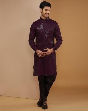embellished regular fit kurta with pyjamas & jacket set