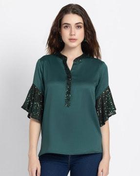 embellished regular fit top with v-neck