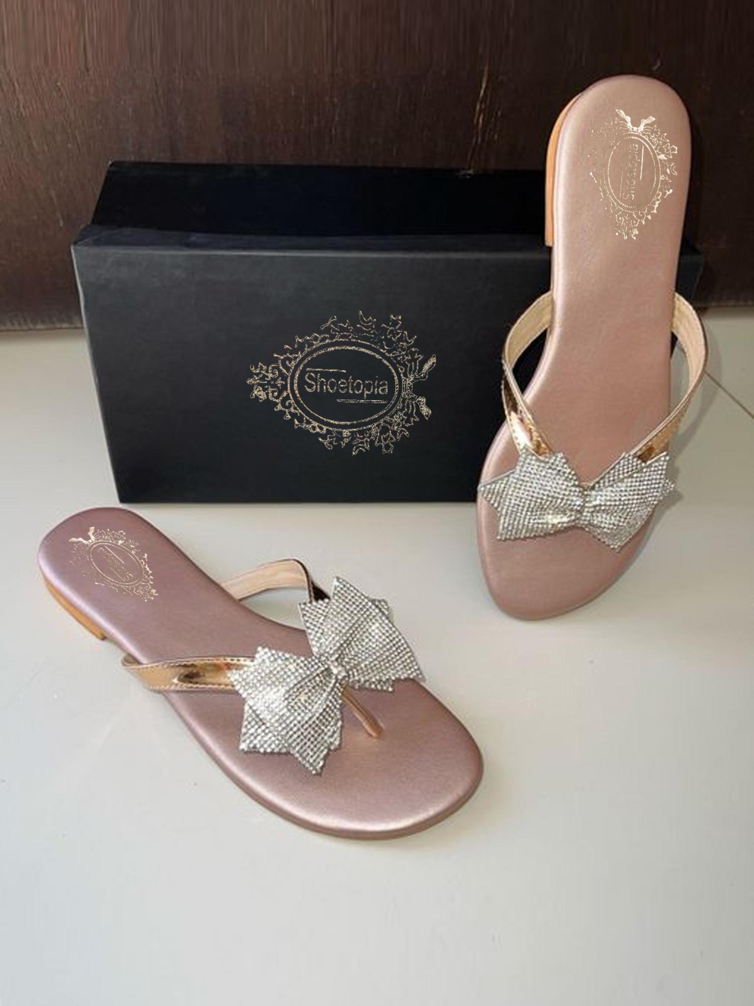 embellished rhinestone bow detailing rose gold flats for women