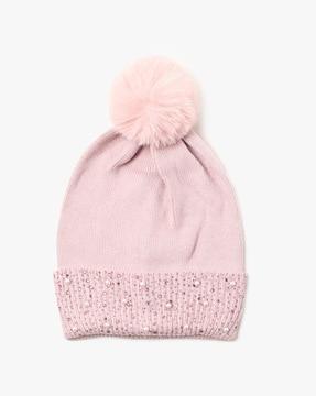 embellished ribbed beanie with faux fur ball