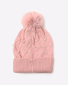 embellished ribbed beanie with faux fur ball