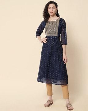 embellished round-neck a-line kurta