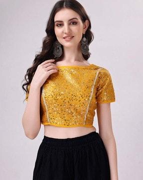 embellished round-neck back-open blouse