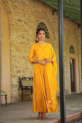 embellished round neck cotton women's dress - mustard