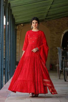 embellished round neck cotton women's dress - red