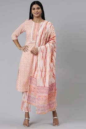 embellished round neck cotton women's salwar kurta dupatta set - peach