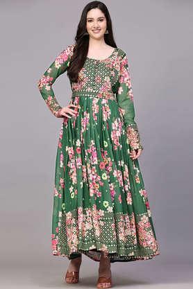 embellished round neck georgette women's ankle length ethnic dress - green