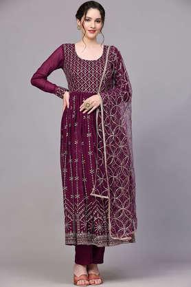 embellished round neck georgette women's ankle length ethnic dress - wine