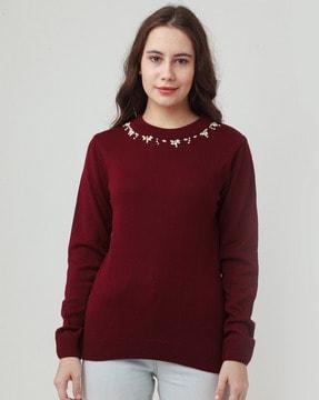 embellished round-neck pullover with ribbed hems