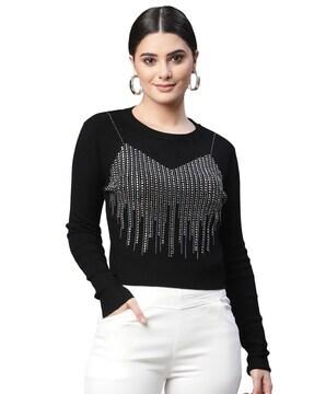 embellished round-neck pullover