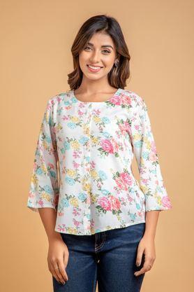 embellished round neck rayon women's casual wear shirt - off white