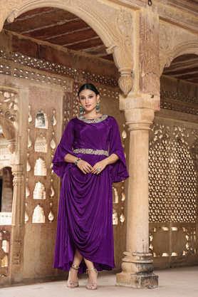 embellished round neck silk women's gown - purple