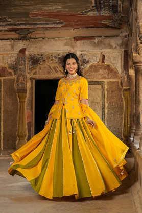 embellished round neck silk women's lehenga choli set - mustard