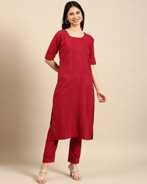 embellished round-neck straight kurta set