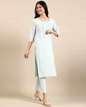 embellished round-neck straight kurta set