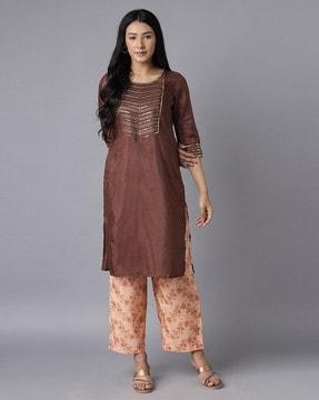 embellished round-neck straight kurta with palazzo