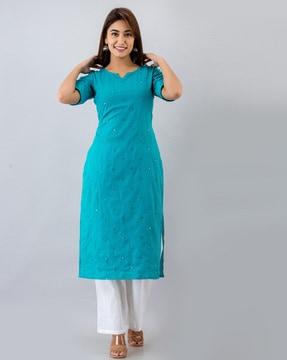 embellished round-neck straight kurta