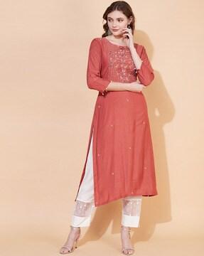 embellished round-neck straight kurta