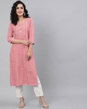 embellished round-neck straight kurta