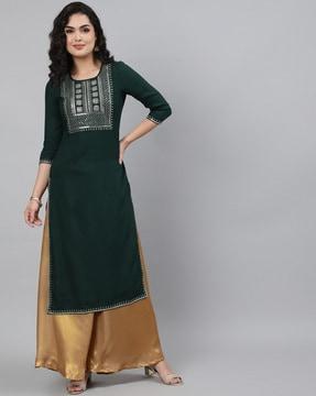 embellished round-neck straight kurta