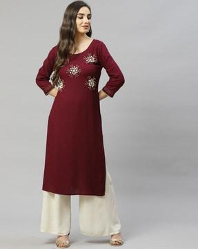 embellished round-neck straight kurta