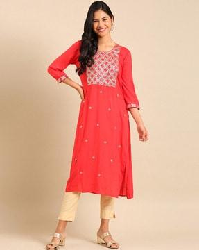 embellished round-neck straight kurta