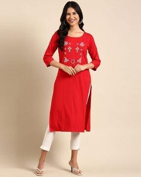 embellished round-neck straight kurta