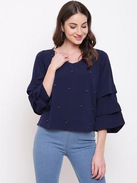 embellished round-neck top with ruffled sleeves