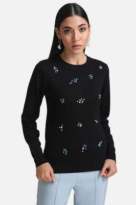 embellished round neck women's pullover - black