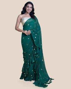 embellished ruffle saree with tassels