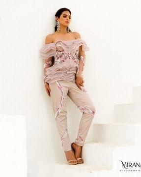 embellished ruffled peplum top & pants set