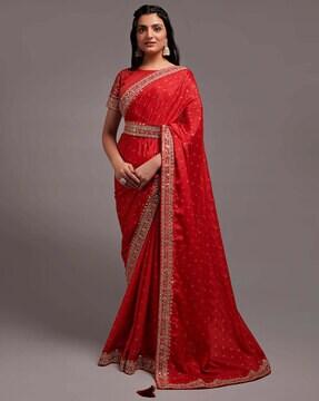 embellished saree with contrast border & belt