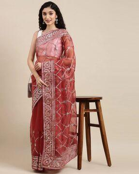 embellished saree with contrast border