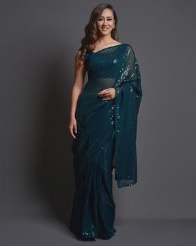 embellished saree with contrast pallu