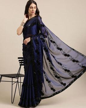 embellished saree with floral applique