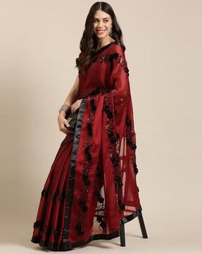 embellished saree with floral applique