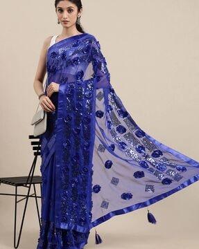 embellished saree with floral applique