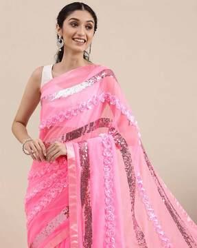 embellished saree with floral applique