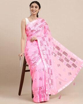 embellished saree with floral applique