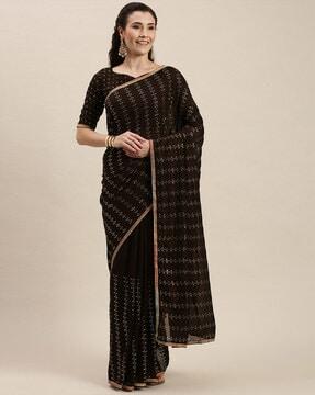 embellished saree with narrow lace border