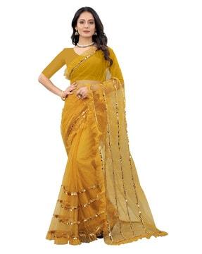 embellished saree with ruffled border