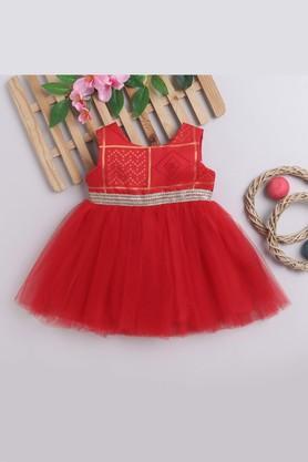 embellished satin round neck girls festive wear ethnic dress - red