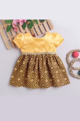 embellished satin round neck girls festive wear ethnic dress - yellow