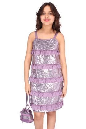 embellished satin square neck girls party wear dress - purple