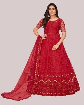 embellished semi-stitched anarkali dress material