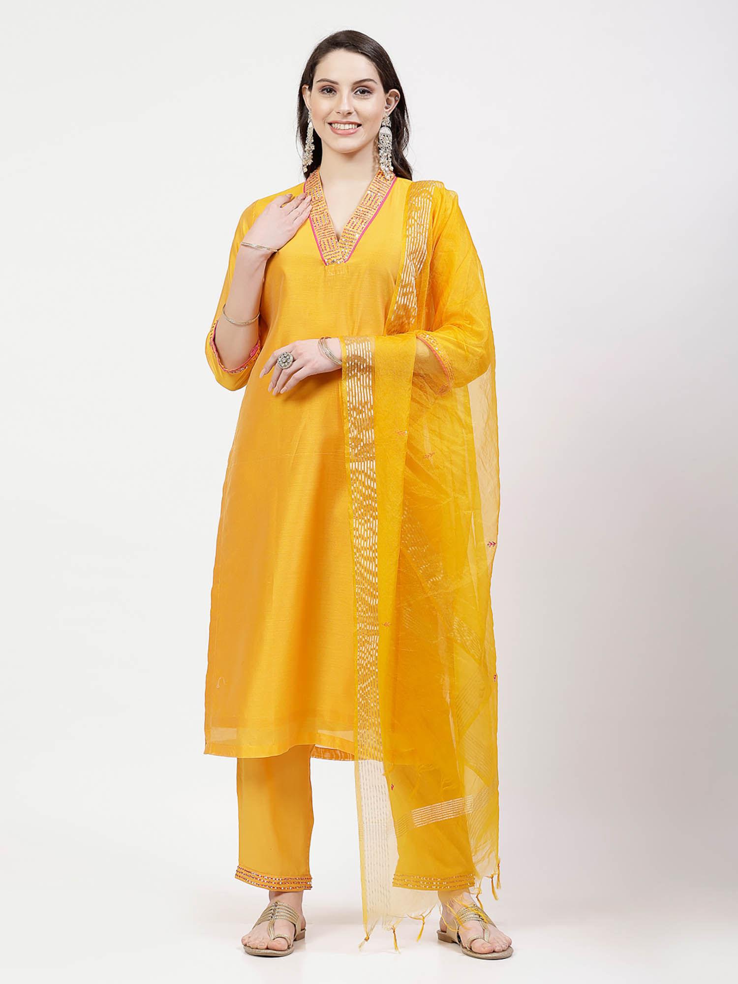 embellished sequined chanderi yellow kurta with pant & dupatta (set of 3)