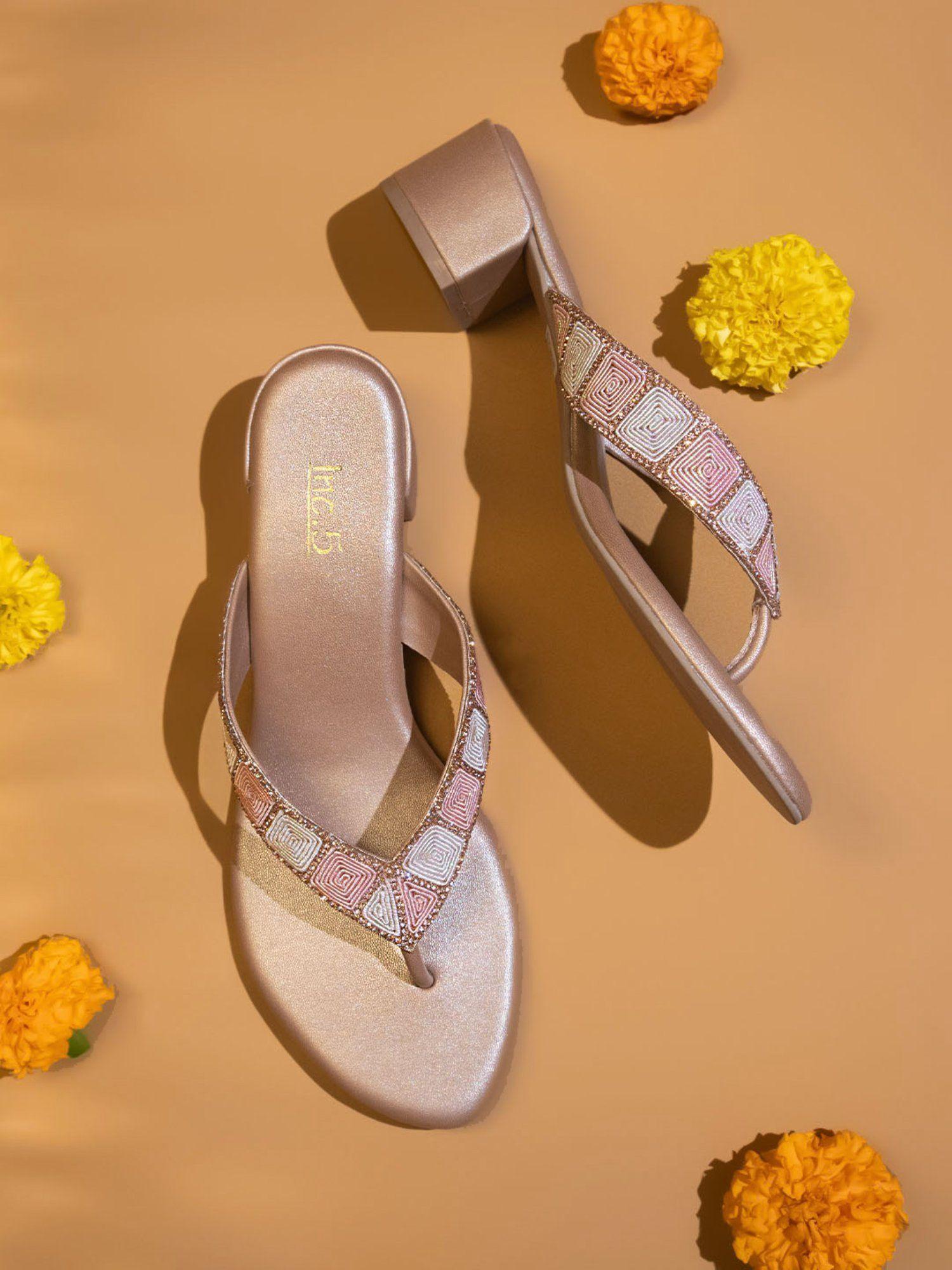 embellished sequined rose gold block sandals