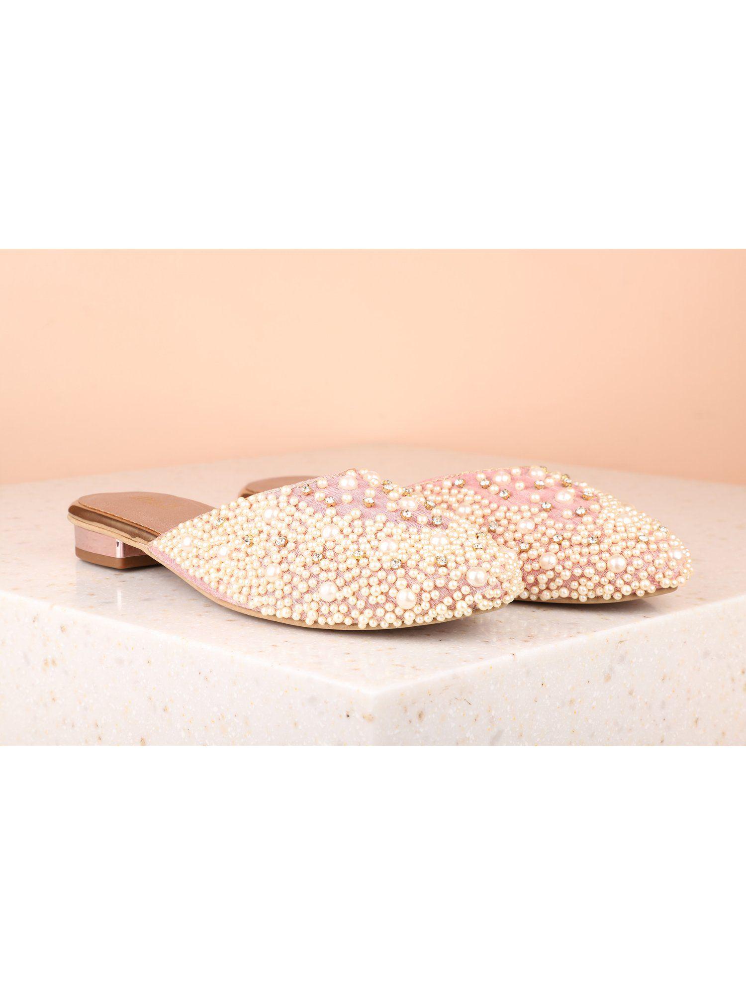 embellished sequined rose gold mules