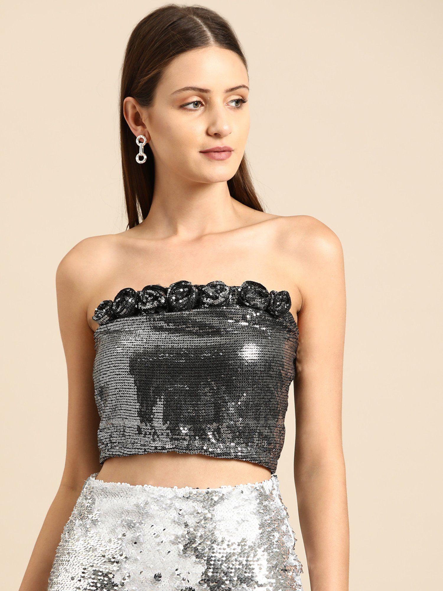 embellished sequined strapless tube crop top - black