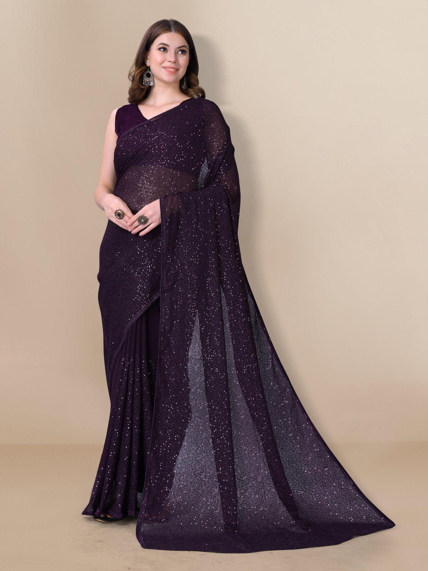 embellished sequinned georgette saree purple with unstitched blouse